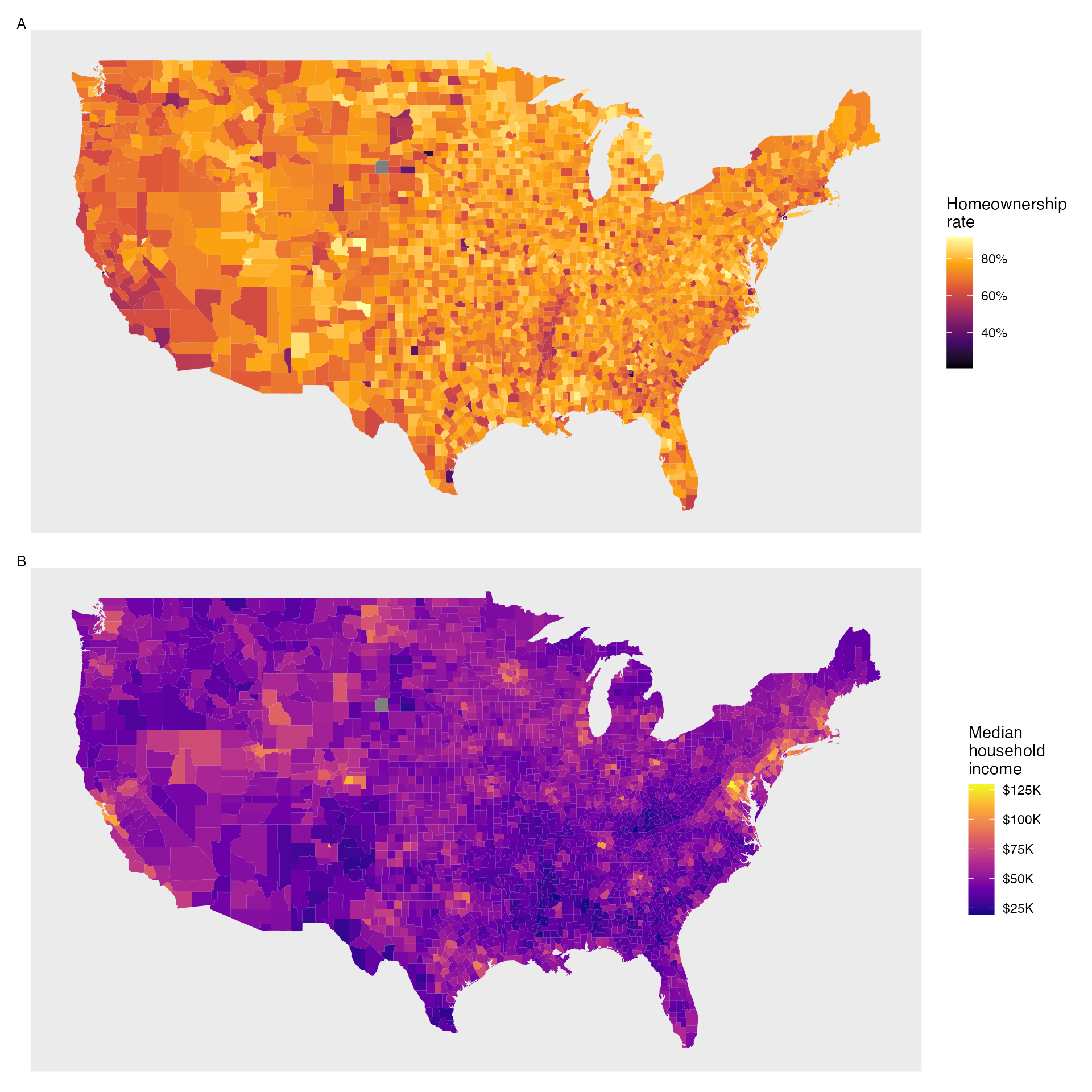 Plot A: Intensity map of homeownership rate (percent). Plot B: Intensity map of median household income ($1000s).