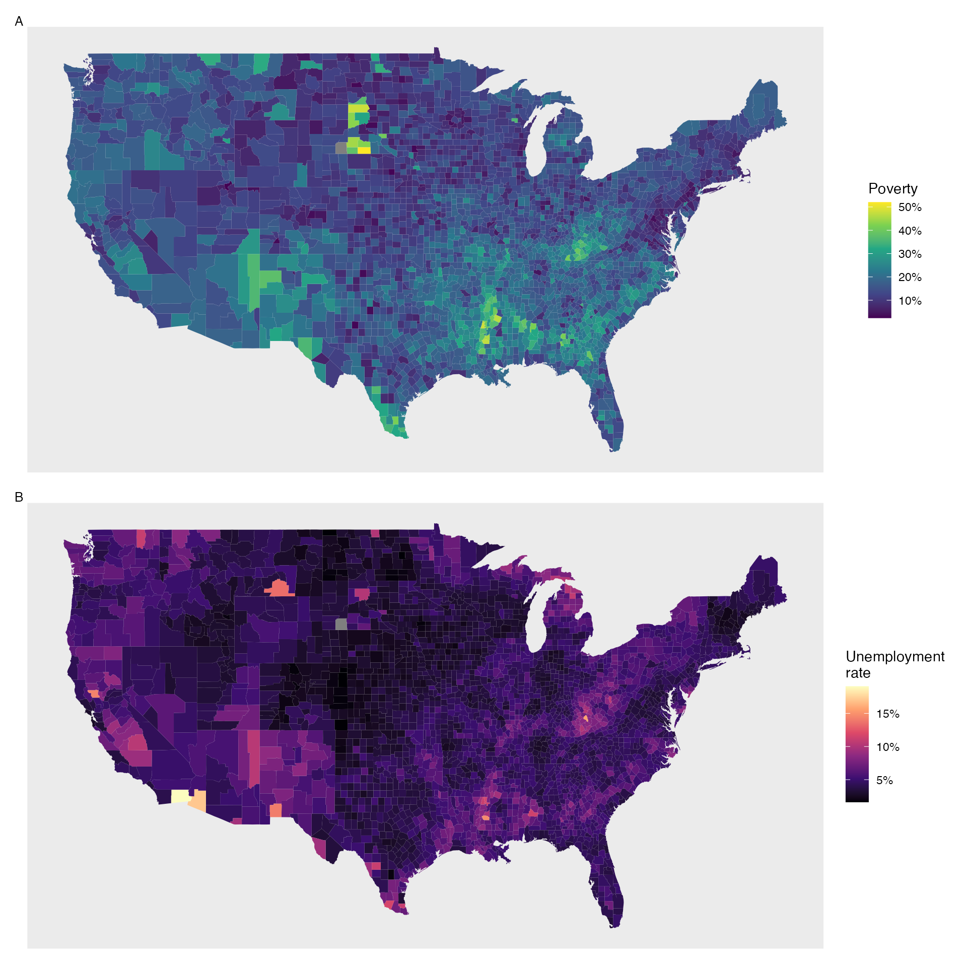 Plot A: Intensity map of poverty rate (percent). Plot B: Intensity map of the unemployment rate (percent).