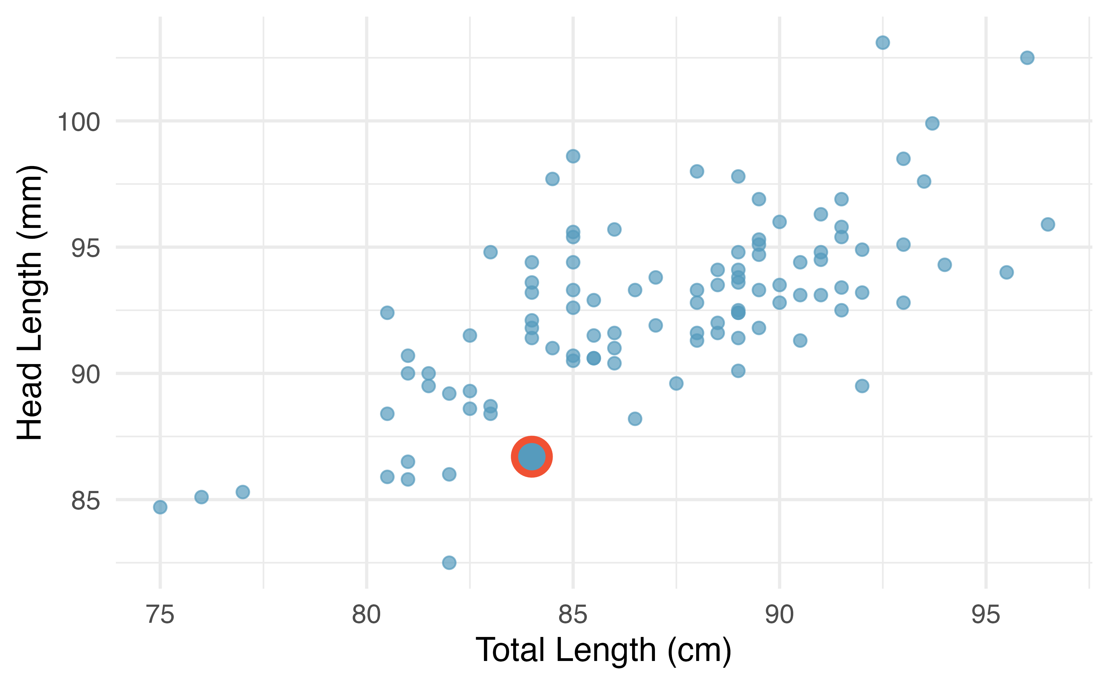 A scatterplot showing head length against total length for 104 brushtail possums. A point representing a possum with head length 86.7 mm and total length 84 cm is highlighted.